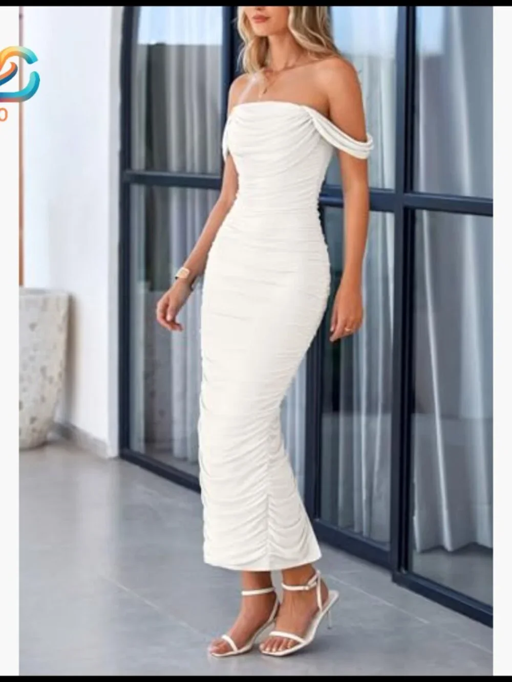 Off Shoulder Ruched Bodycon Maxi Dress Strapless Backless Split Hem - Picture 6 of 7